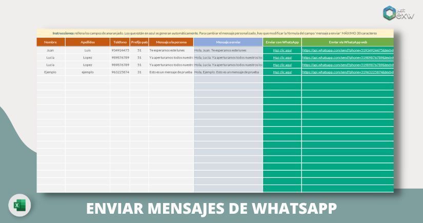 Plantilla de Excel para enviar mensajes personalizados whatsapp