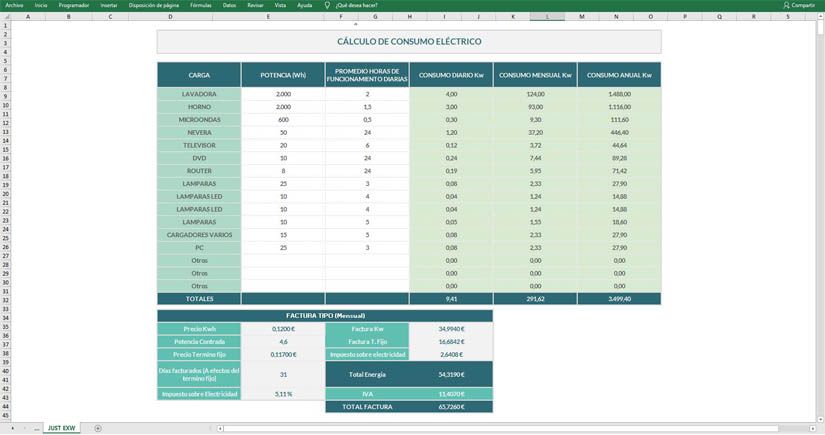 Consumo eléctrico en Excel