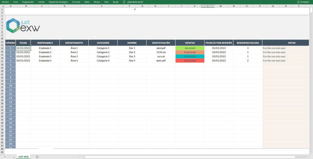Descargar Plantilla Gratis de Registro de documentos en Excel