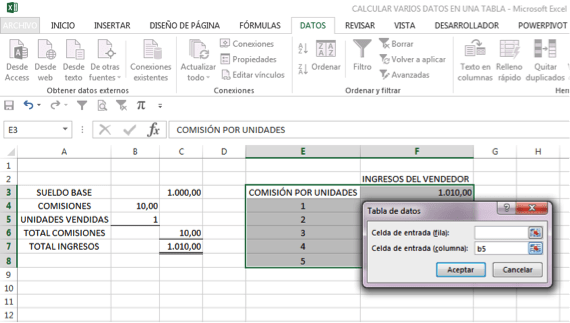 calcular varios resultados en una tabla de datos de Excel