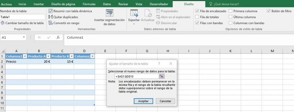 Modificar el tamaño de las tablas de Excel
