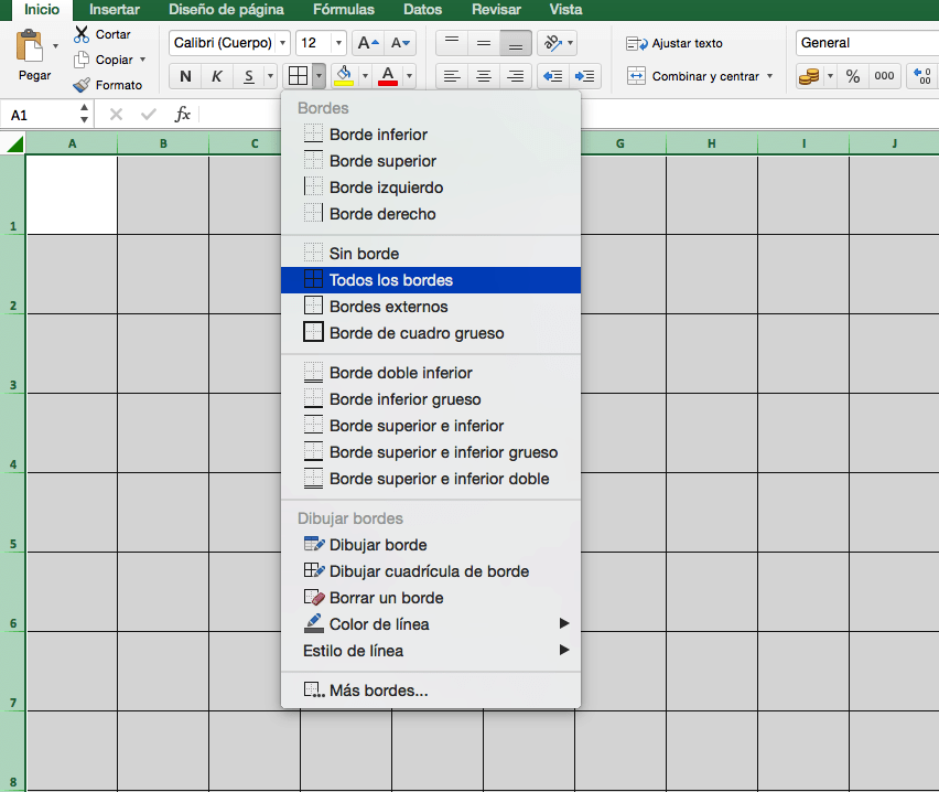 Crear cuadrícula en Excel