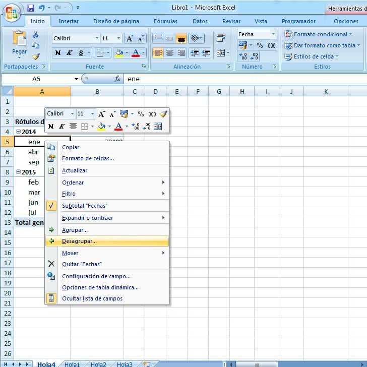 Cómo desagrupar fechas en tablas dinámicas de Excel