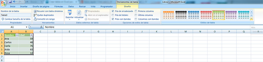 Seleccionar diseño de las tablas en Excel