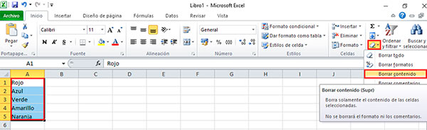 Borrar el contenido de las celdas en Excel desde opciones