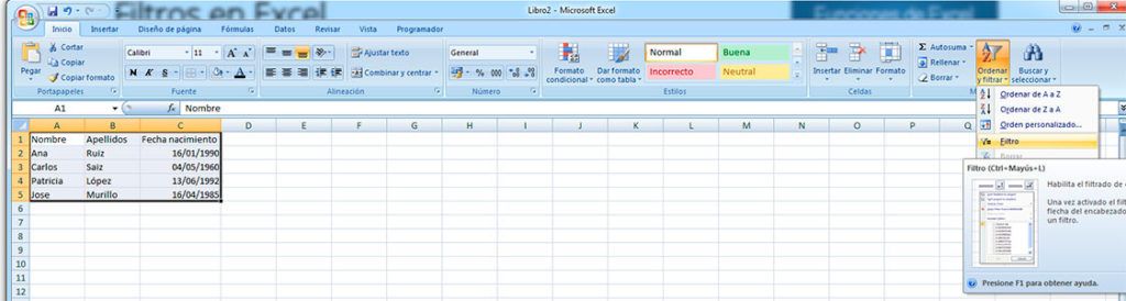 Filtro en Excel
