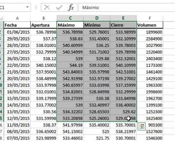 gráfico de cotizaciones en Excel
