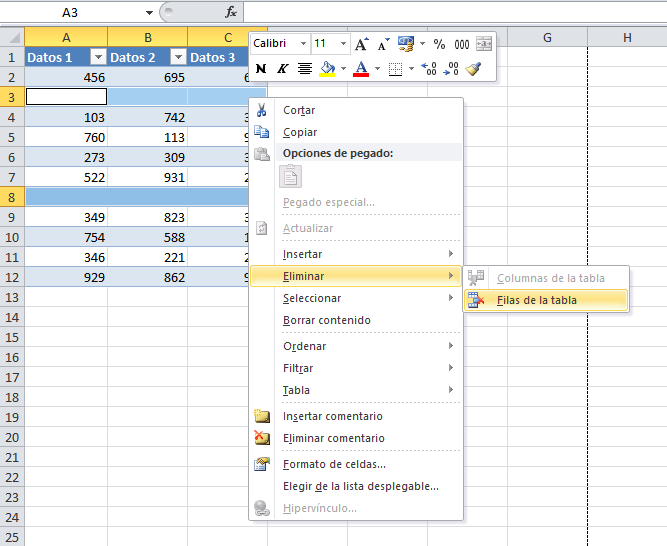 Eliminar filas en Blanco Excel
