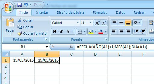 Sumar años a una fecha en Excel
