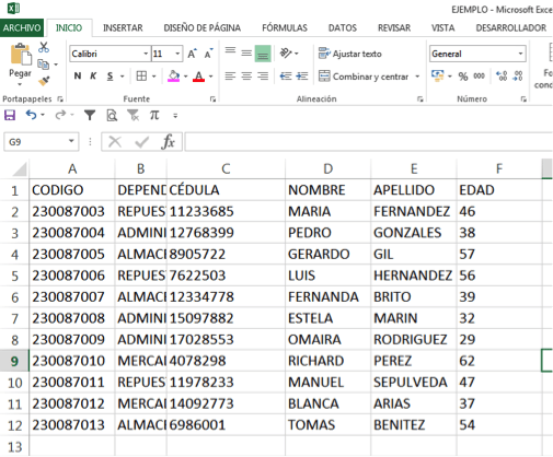 tabla de datos en Excel